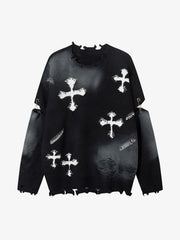 Vintage Spray-Painted Cross Hole Knit Sweater