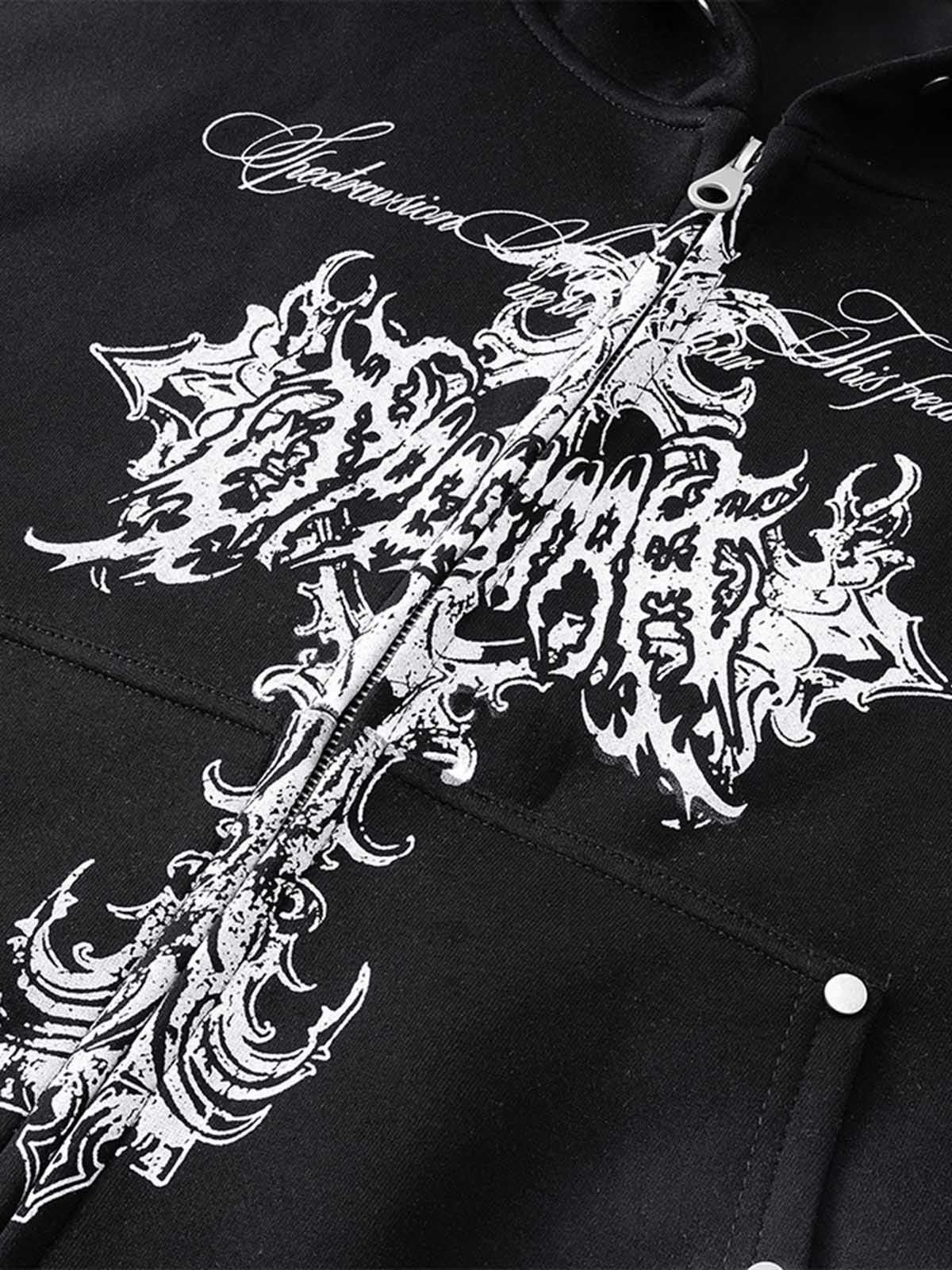 Street Wasteland Washed Cross Print Hooded Sweatshirt