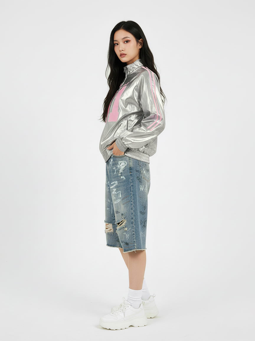 Number 11 Reflective Metallic Leather Track Jacket