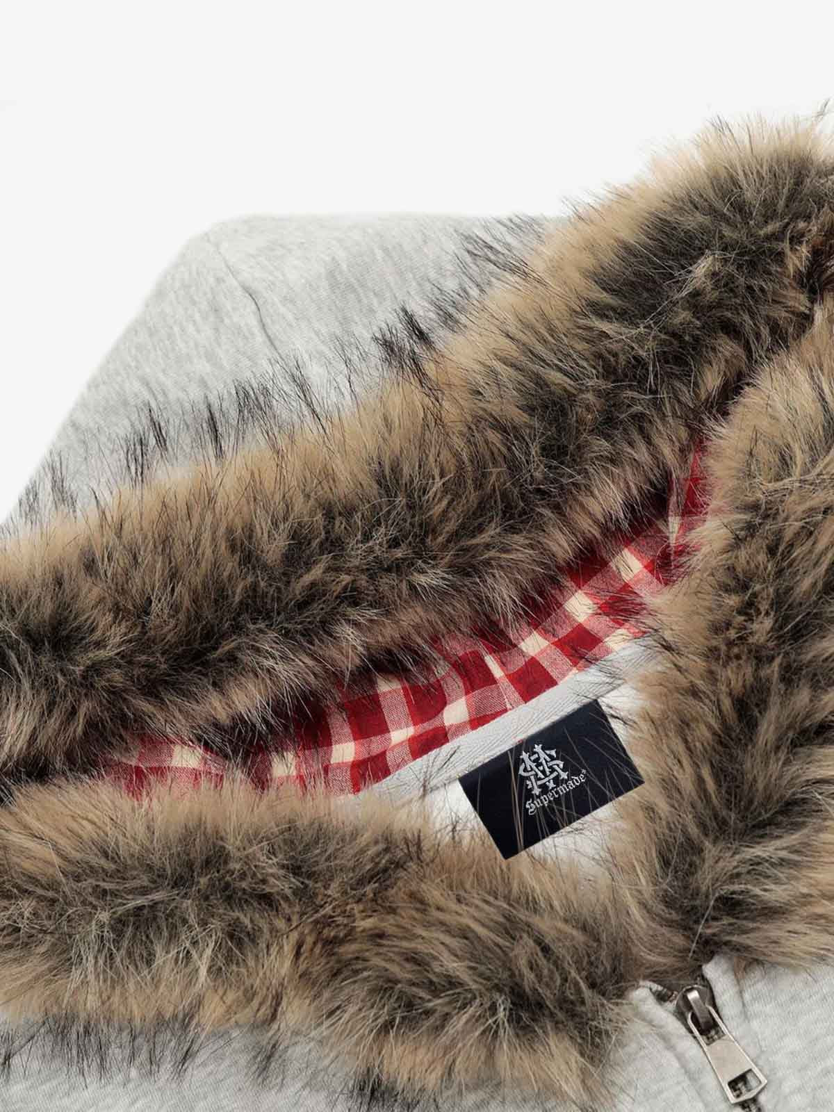 Retro Gradient Letter Print Splicing Cardigan Fur Collar Zip Up Hoodie