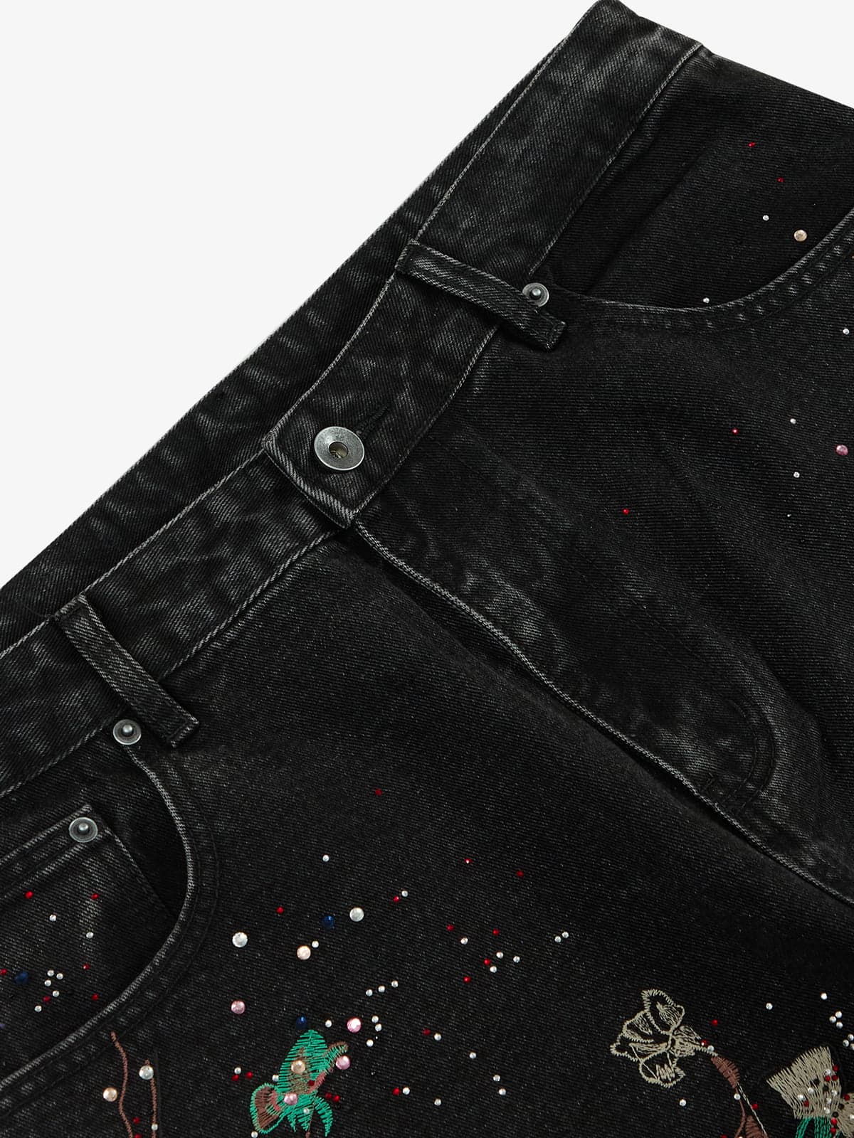 Vintage Floral Embroidery Rhinestone Straight Jeans