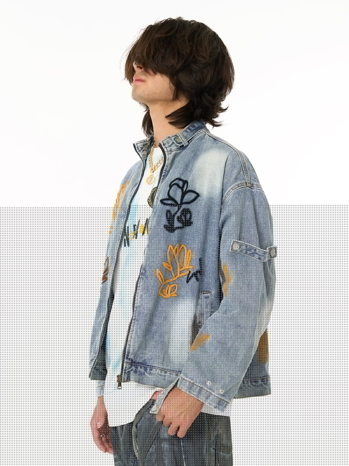 Retro Street Floral Embroidery Washed Zipper Denim Jacket