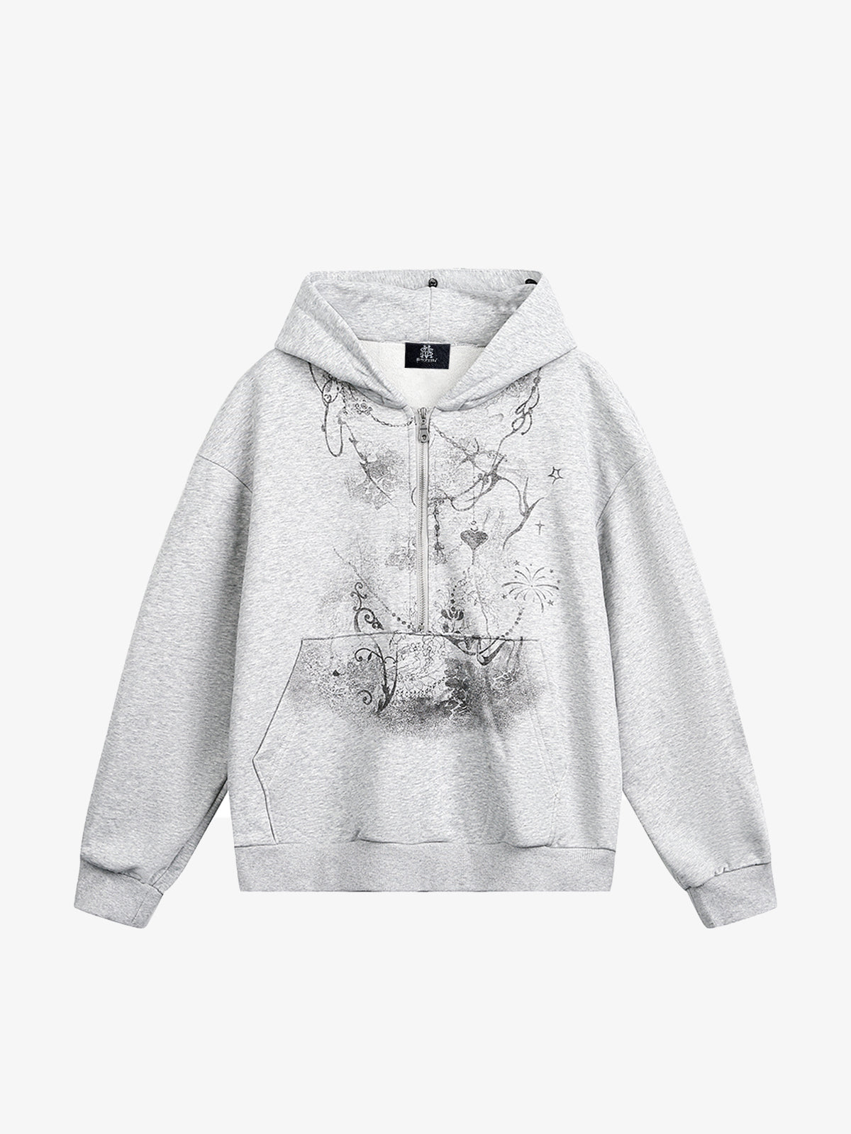 Detachable Fur Collar Half-Zip Printed Hooded Cardigan Sweatshirt