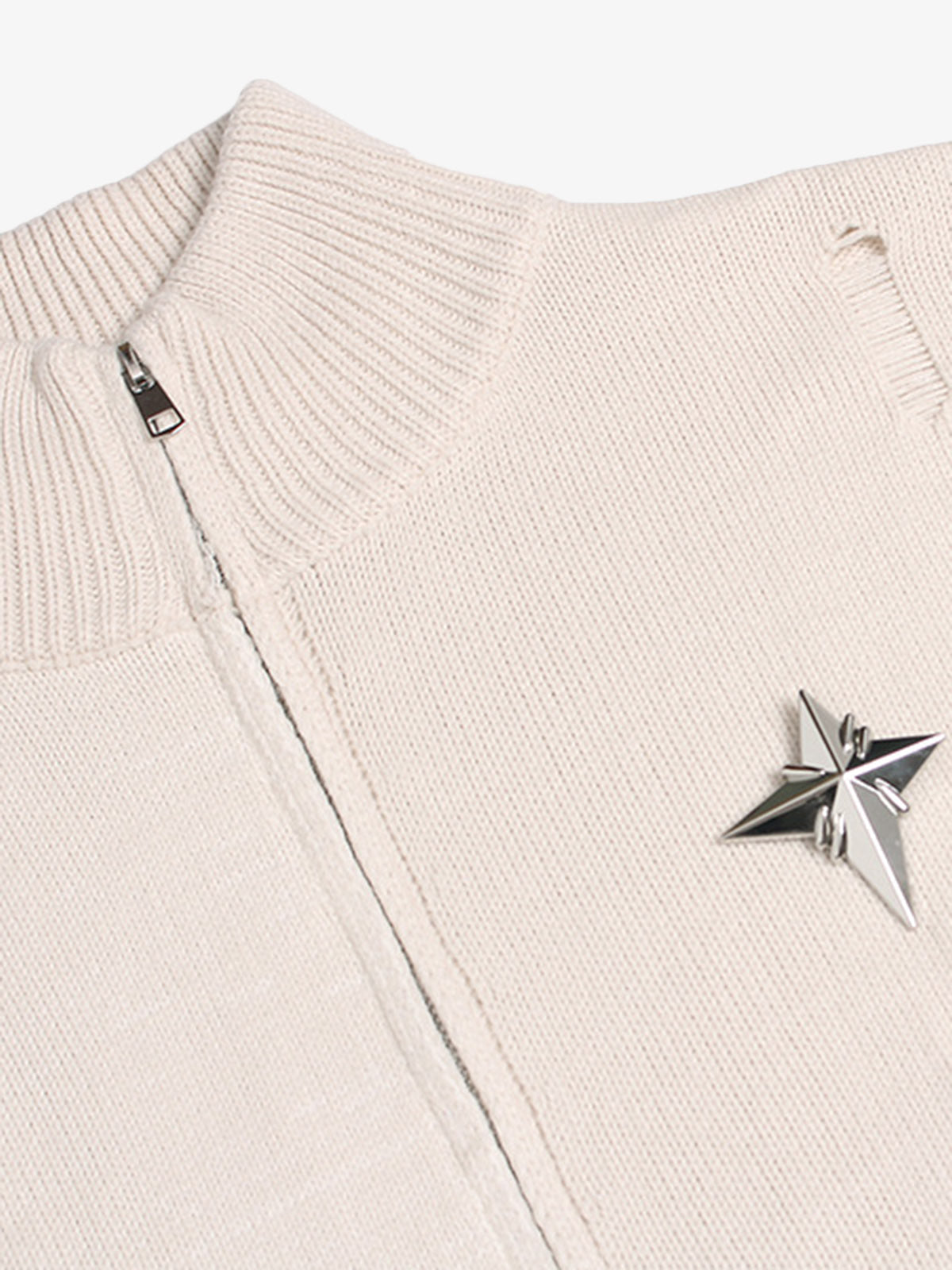 Distressed Ripped-Edge Turtleneck Diamond Star Zipper Knitted Sweater