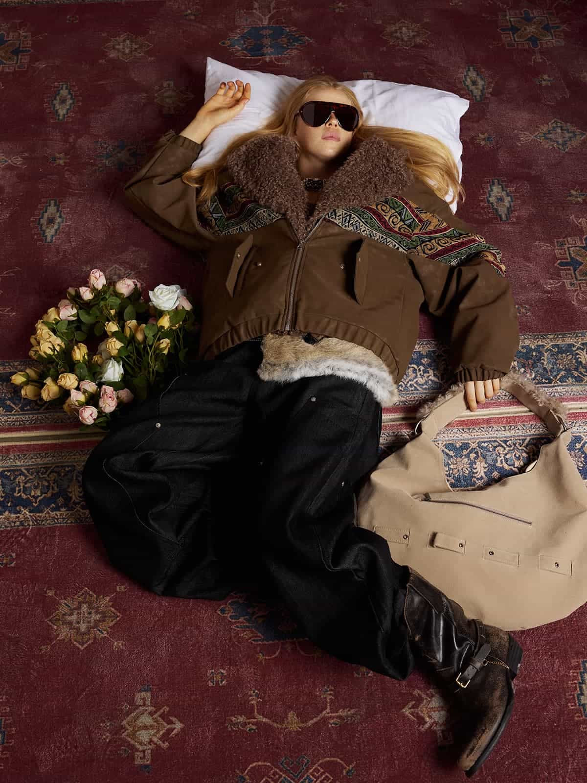 Vintage Leather and Sherpa Patchwork Webbing Cotton Jacket