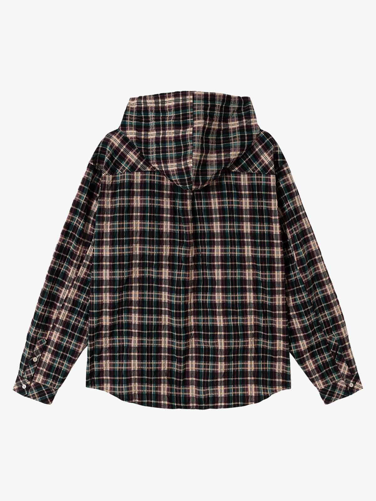 Retro Plaid Patchwork Hooded Work Shirt