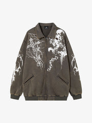 Retro Dark Skull Cross Print Lapel Zipper Jacket