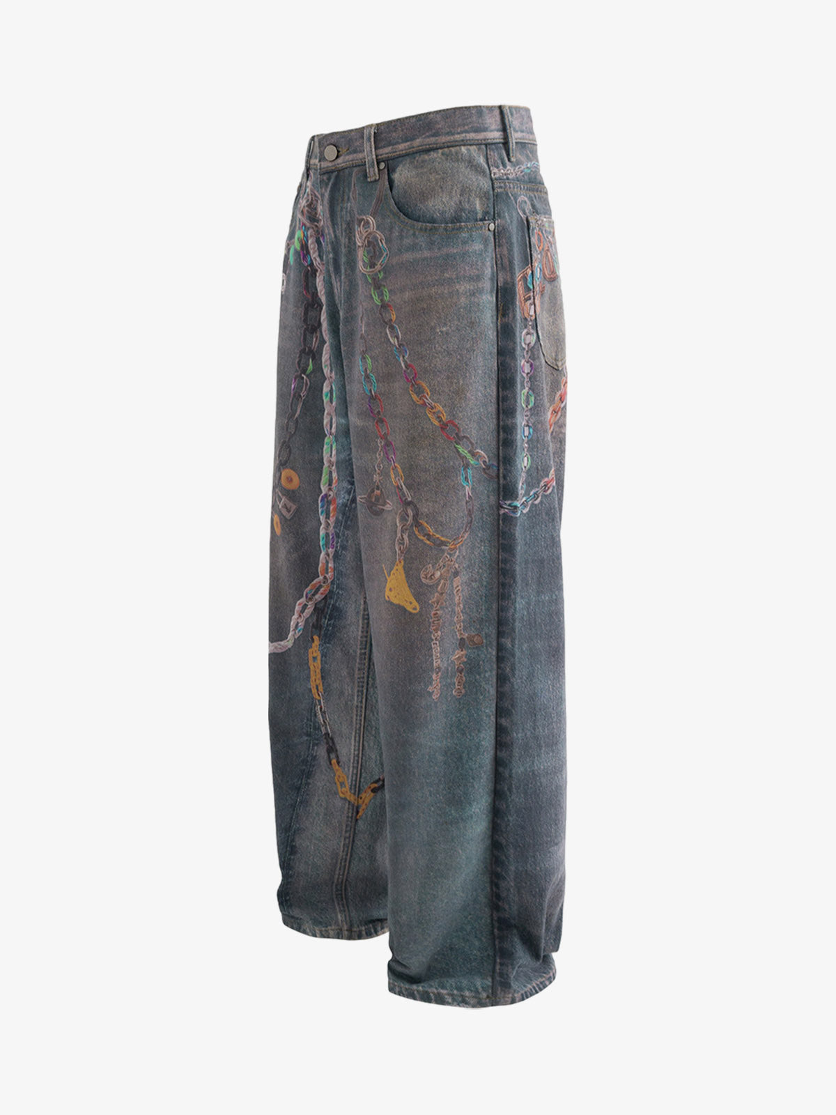 Retro High street Washed 3D Chain Printed Jeans