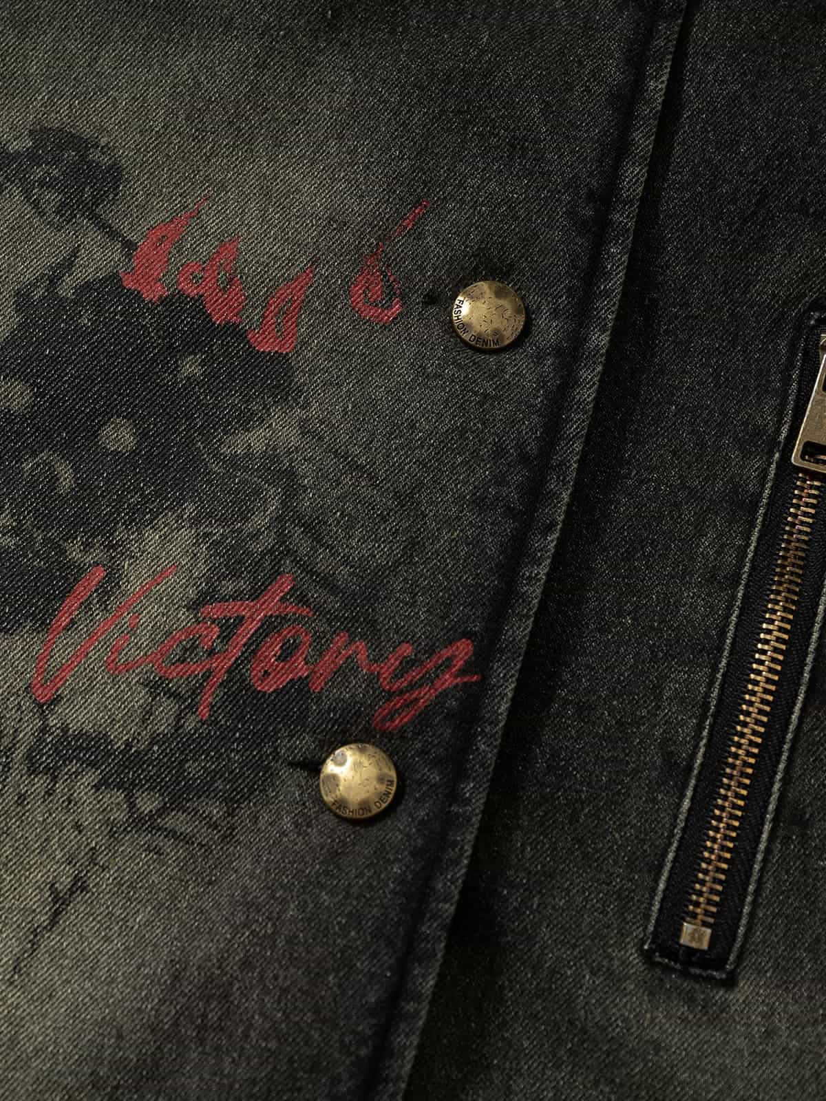 Distressed Graffiti Washed Long Lamb Fleece Denim Cotton Jacket