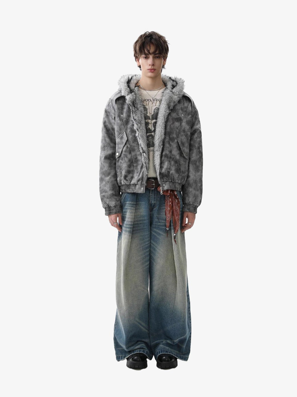 Faux Suede Vintage Wash Fur Hood Padded Jacket