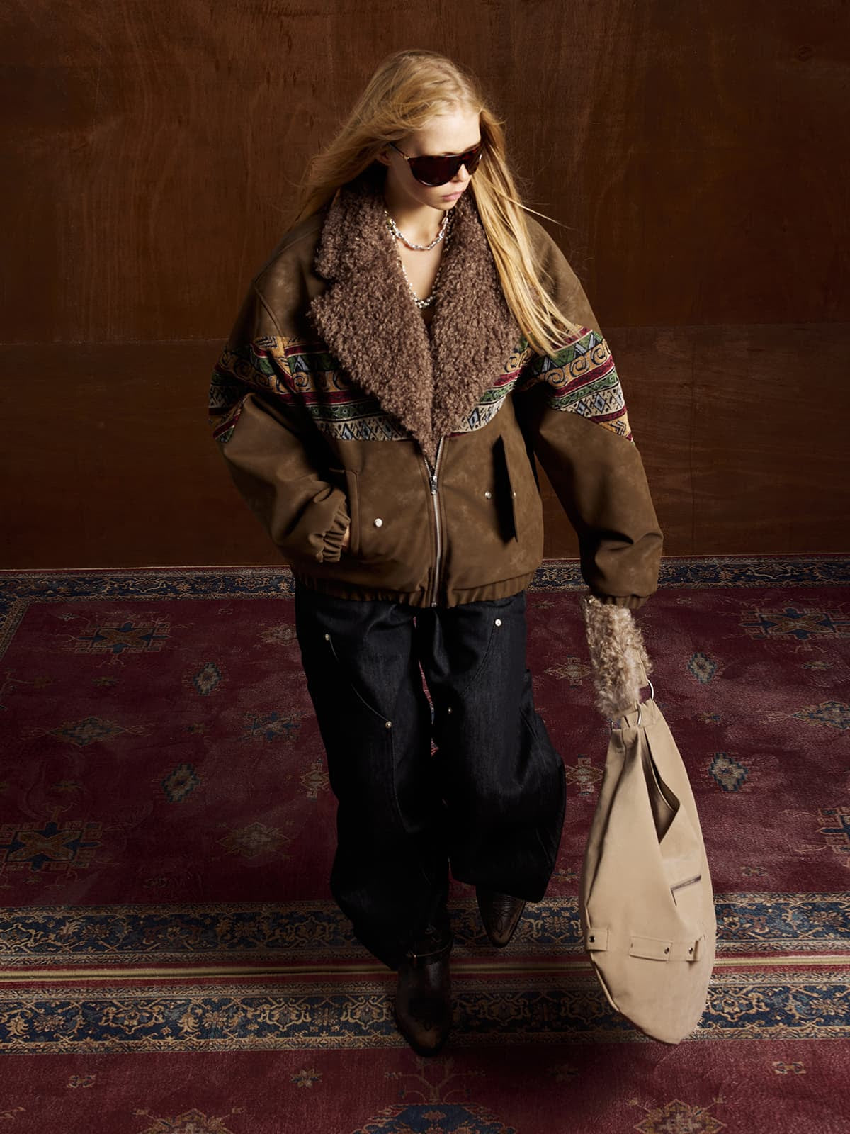 Vintage Leather and Sherpa Patchwork Webbing Cotton Jacket