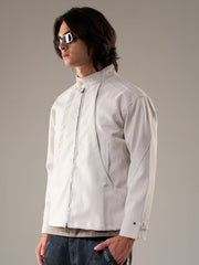 Deconstructed Split Stand Collar PU Leather Jacket