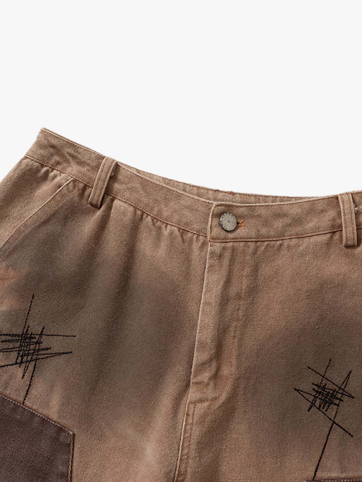 Scratched Patchwork Distressed Embroidered Work Jeans