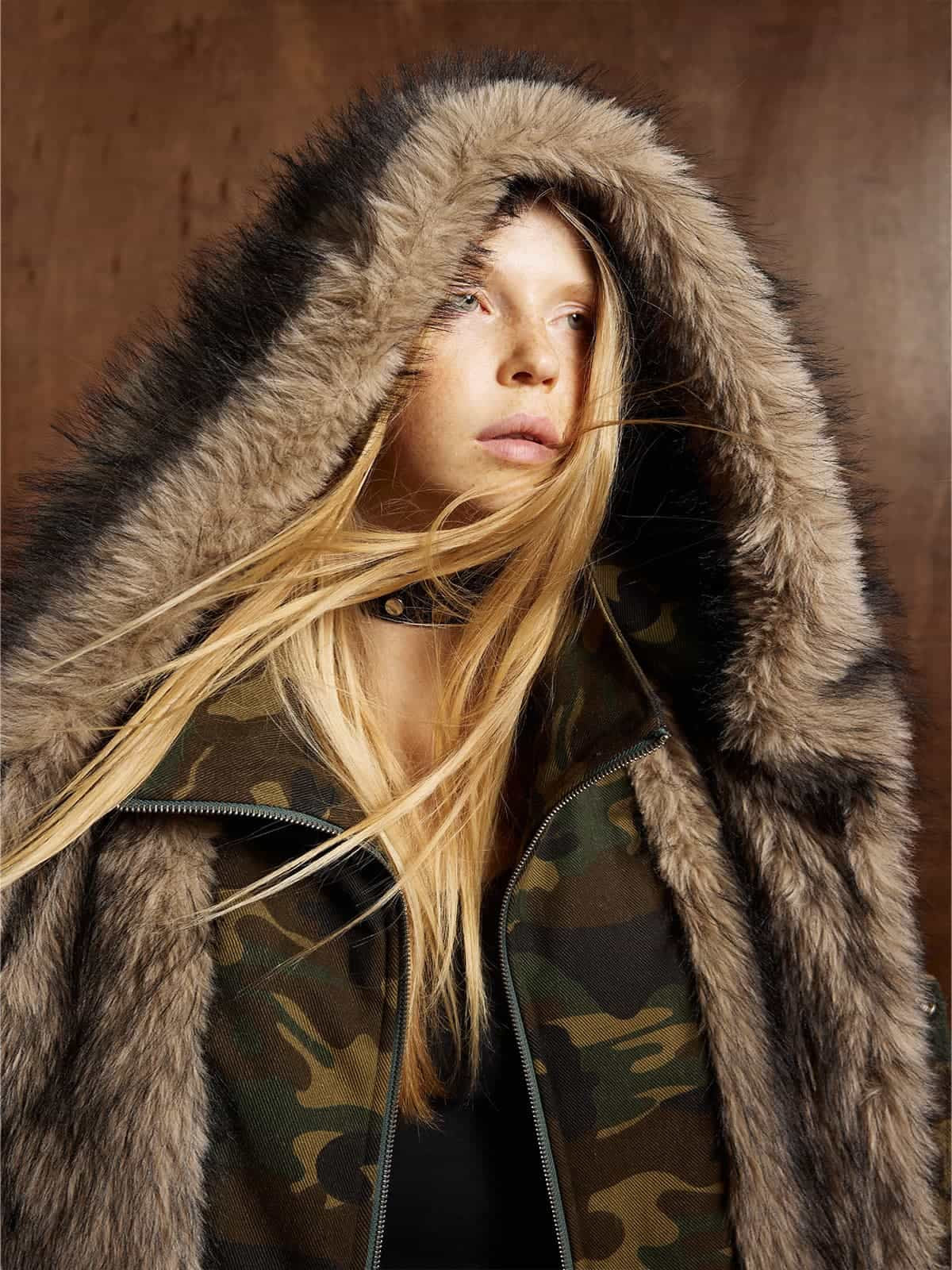Vintage Camouflage Fur Collar Quilted Hooded Bomber Jacket