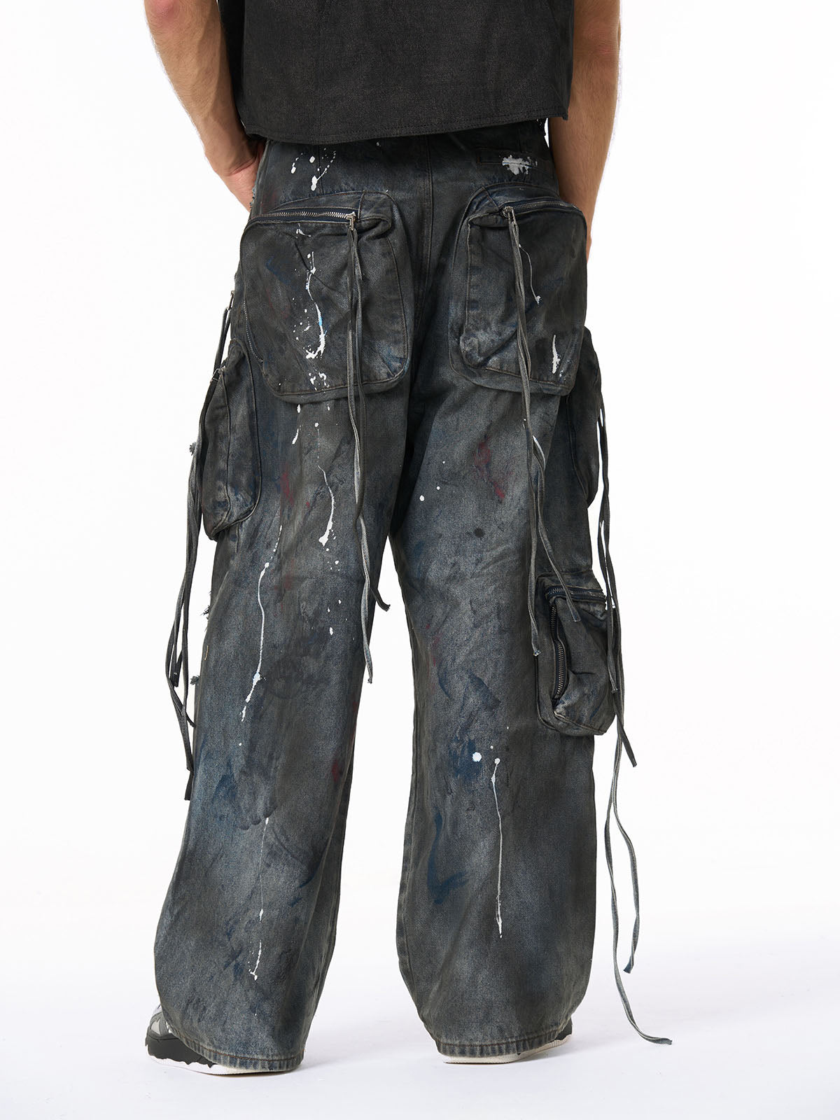 Heavy Dirty Dyed Multi-Pocket Drawstring Work Jeans