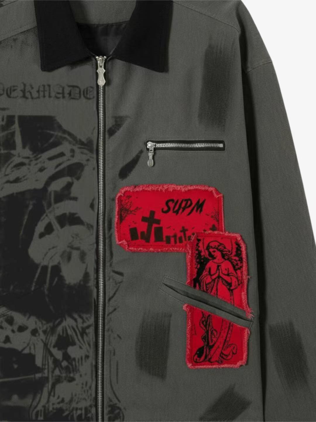 Retro Patchwork And Graphic Print Gothic Zipper Jacket