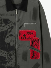 Retro Patchwork And Graphic Print Gothic Zipper Jacket