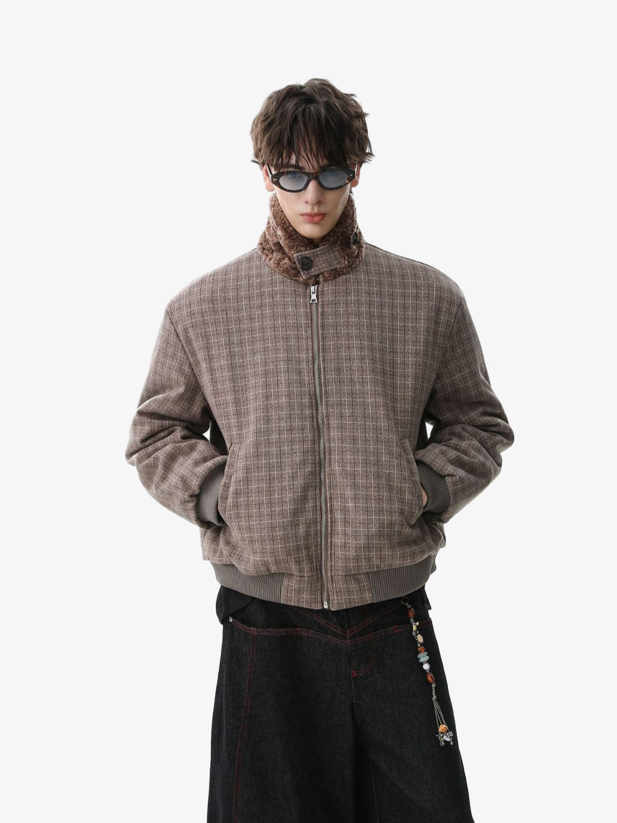 Retro Plaid Fur Collar Warm Padded Jacket