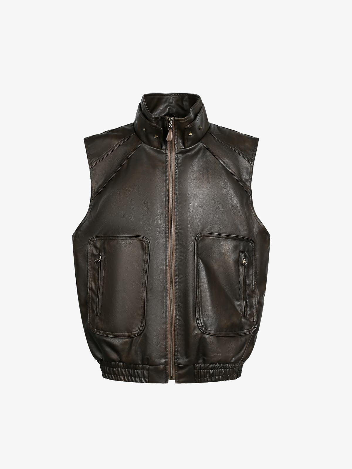 Vintage PU Leather Stand Collar Moto Workwear Vest