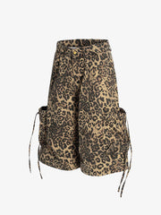 Retro Cheetah Print Pocket Drawstring Cropped Jorts