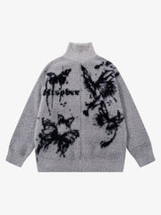 Ink Butterfly Jacquard High-Neck Zip Cardigan Sweater