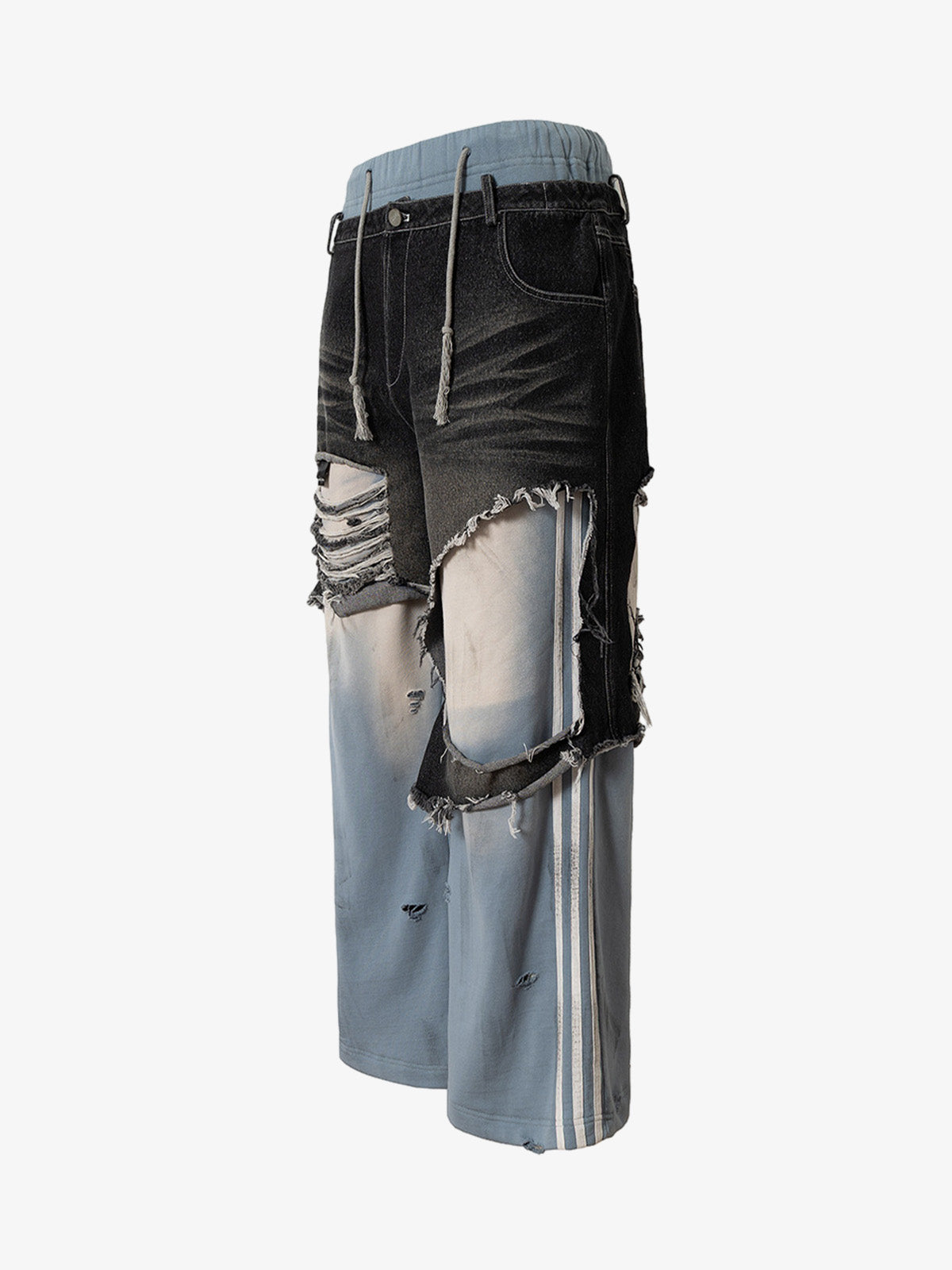 Double-Waistband Denim Patchwork Ripped Casual Pants
