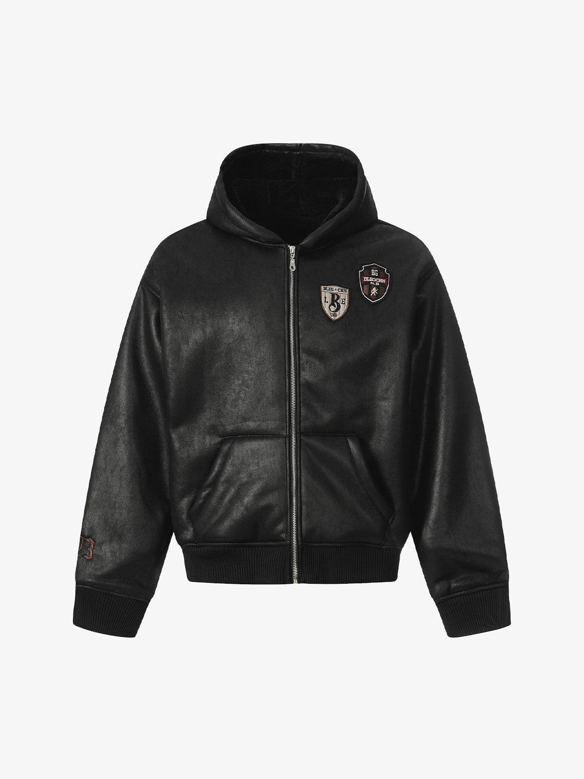 Vintage Leather Badge Fleece-lined Hooded Zip Bomber Jacket