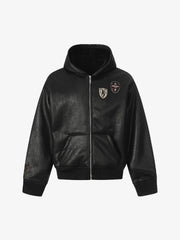 Vintage Leather Badge Fleece-lined Hooded Zip Bomber Jacket