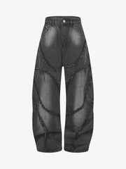 Washed Distressed Raw Edge Barrel Jeans