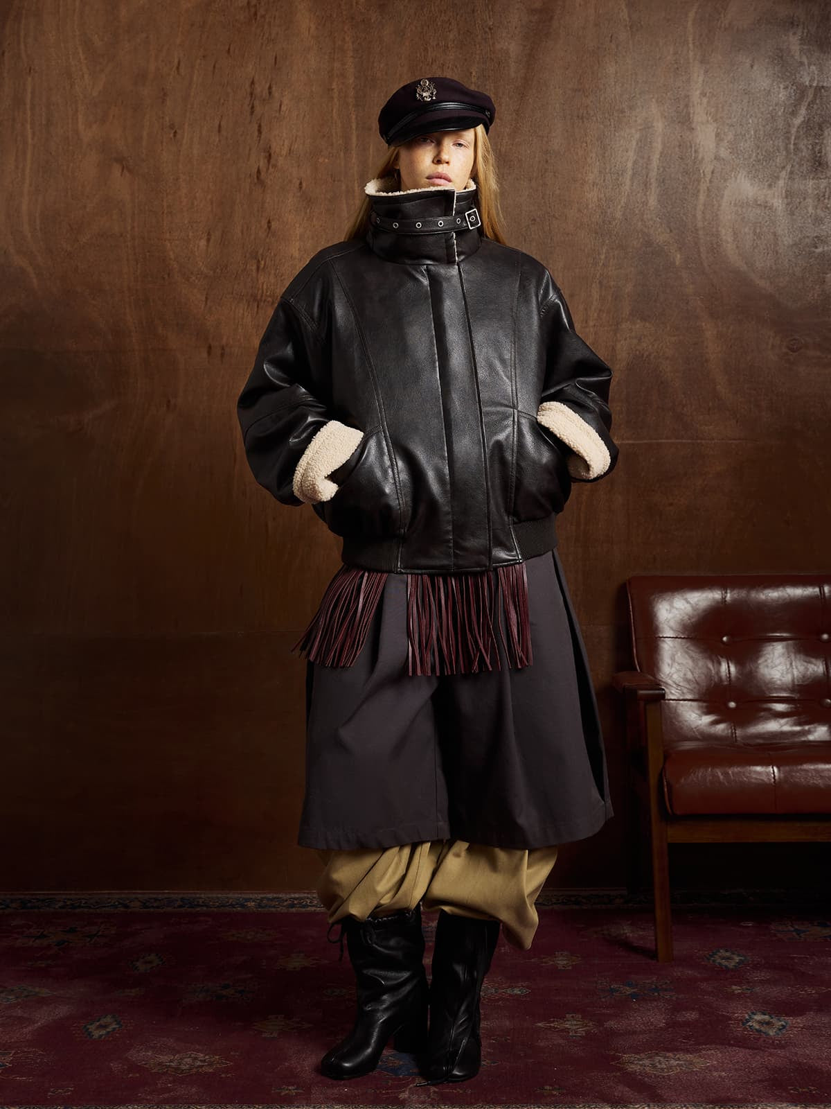 Vintage Shearling Collar Quilted Leather Jacket