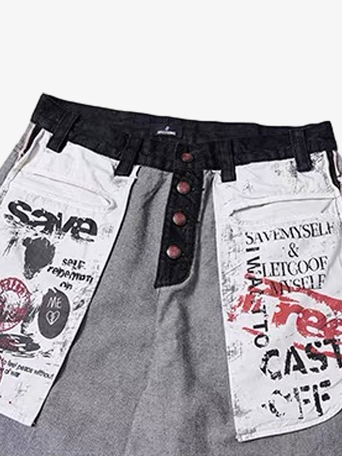 Distressed Reverse Design Large Pocket Printed Jeans