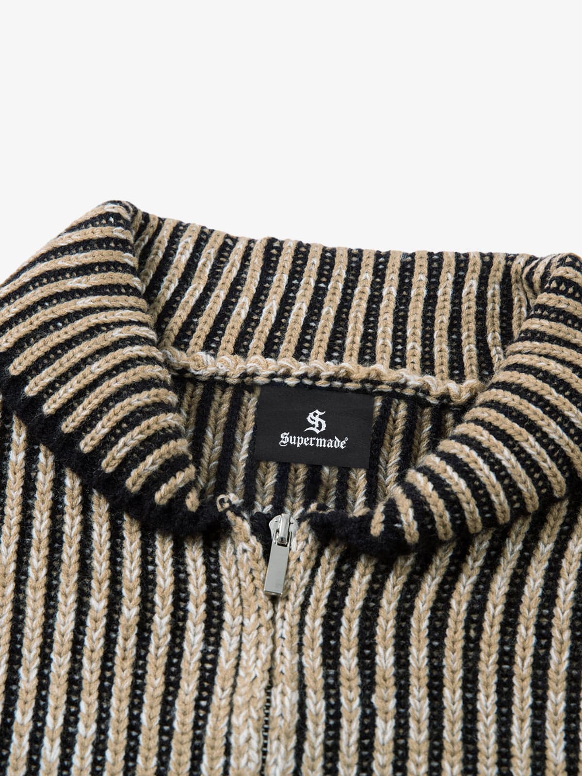 Knitted Retro Zipper Cardigan Stand Collar Vertical Striped Sweater