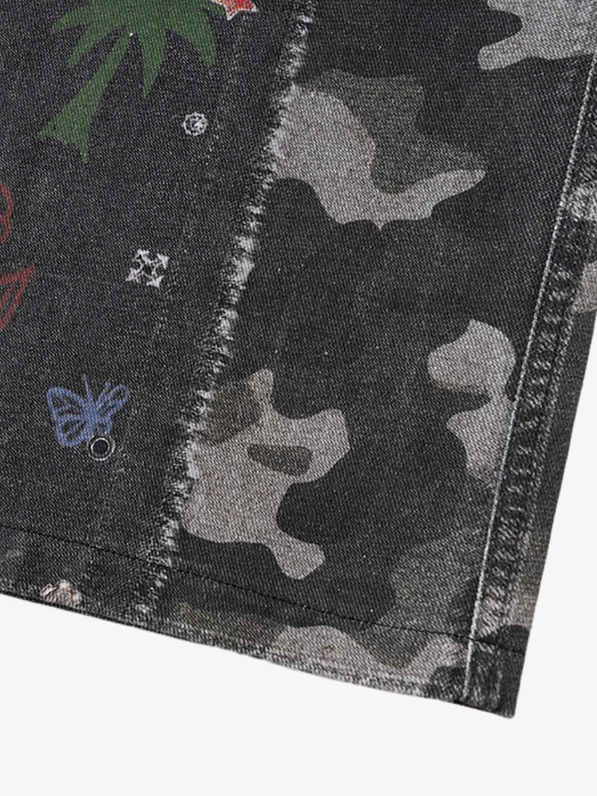 Graffiti Print Cold Transfer Camouflage Layered Cargo Jeans