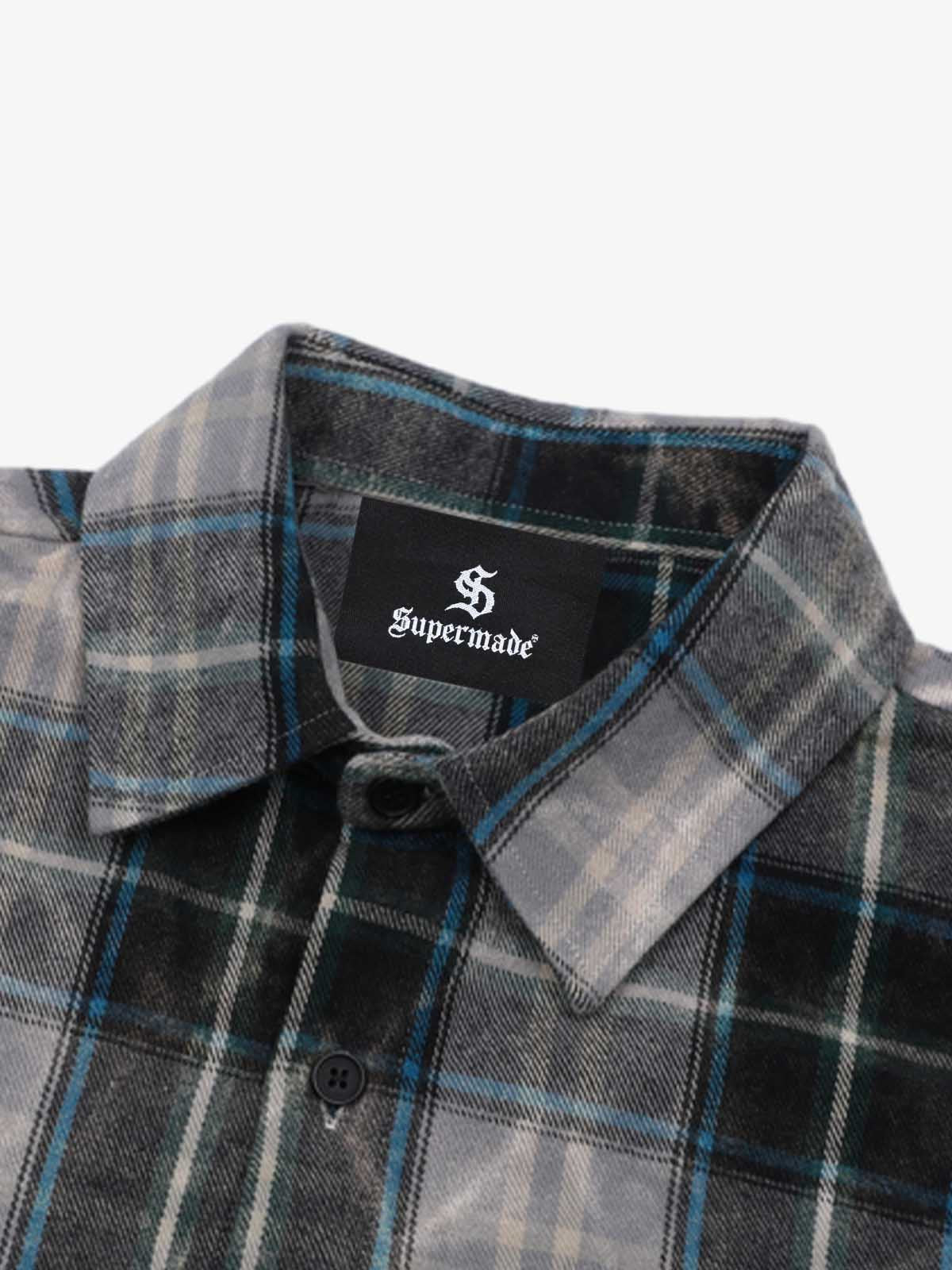 Street Washed Distressed Plaid Letter Print Long-Sleeve Shirt
