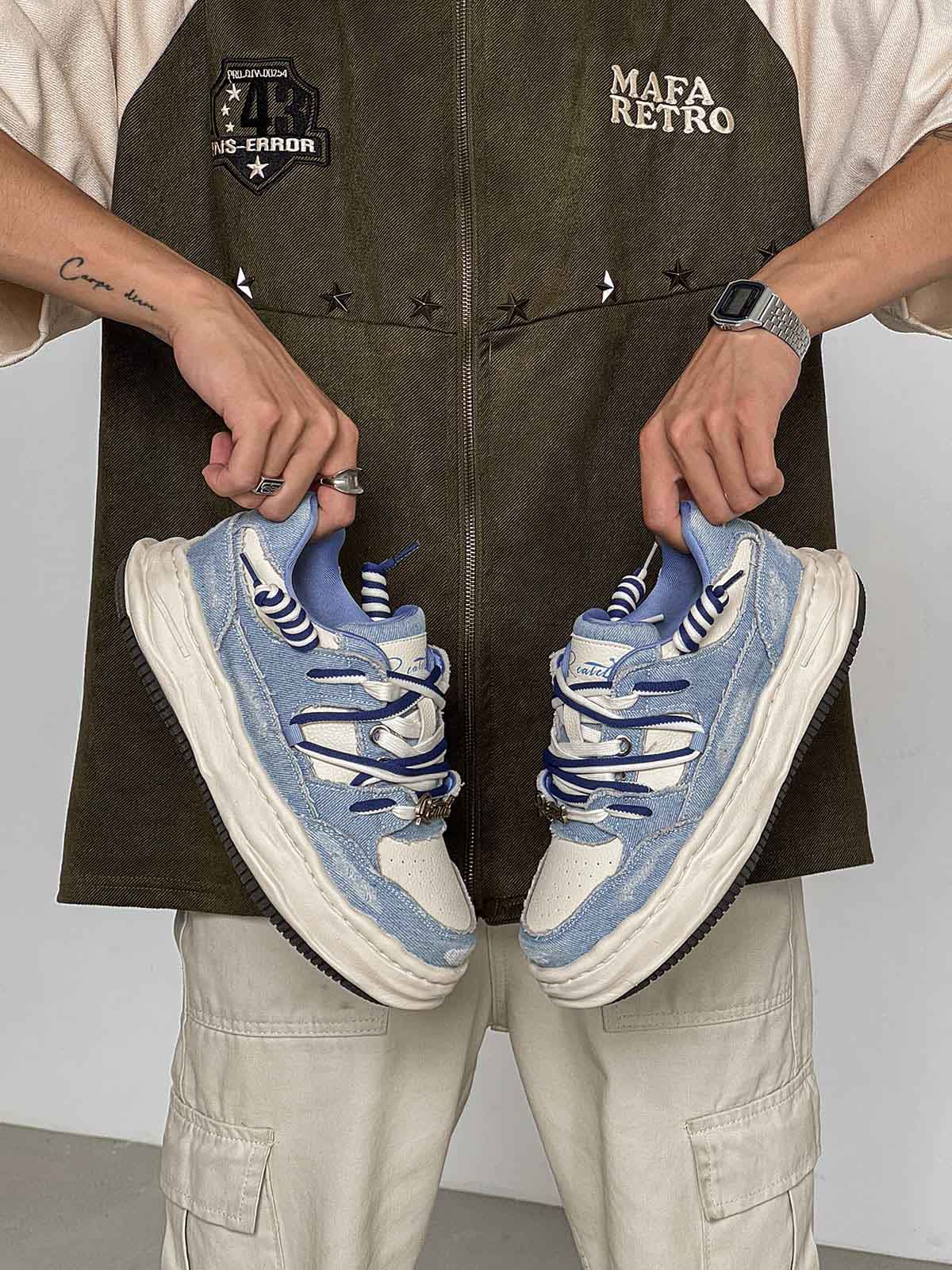 Retro Washed Denim Low Top Platform Sneakers