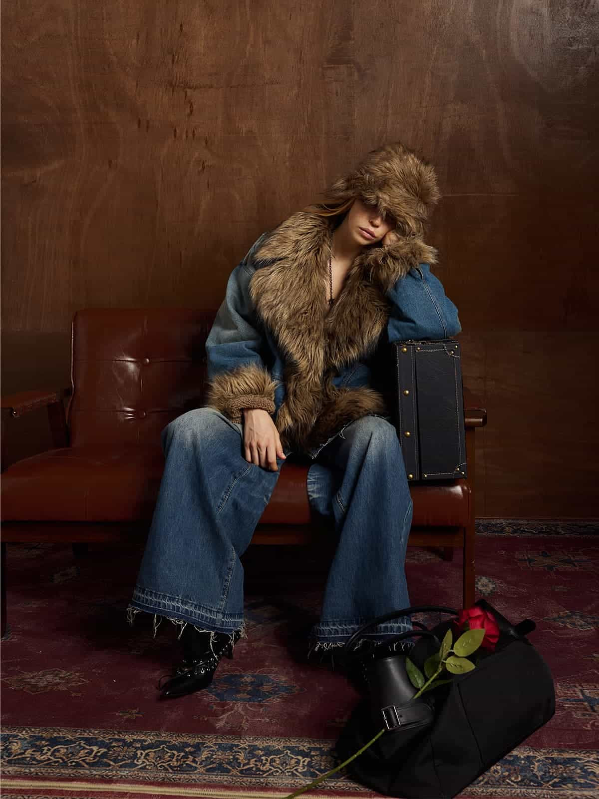 Street Retro Fur Patchwork Washed Denim Cotton Jacket