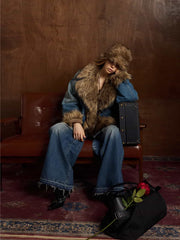 Street Retro Fur Patchwork Washed Denim Cotton Jacket