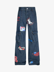 Letter Print Cargo Multi-Pocket Jeans