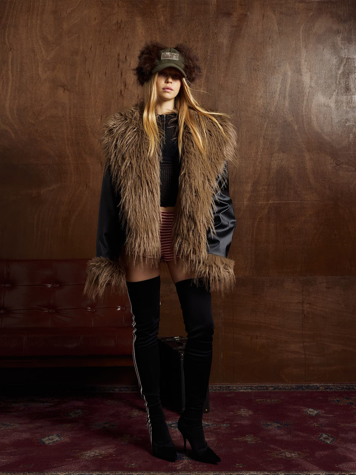 Retro Punk Rock Oversized Fur Collar Stitching Leather Cotton Jacket