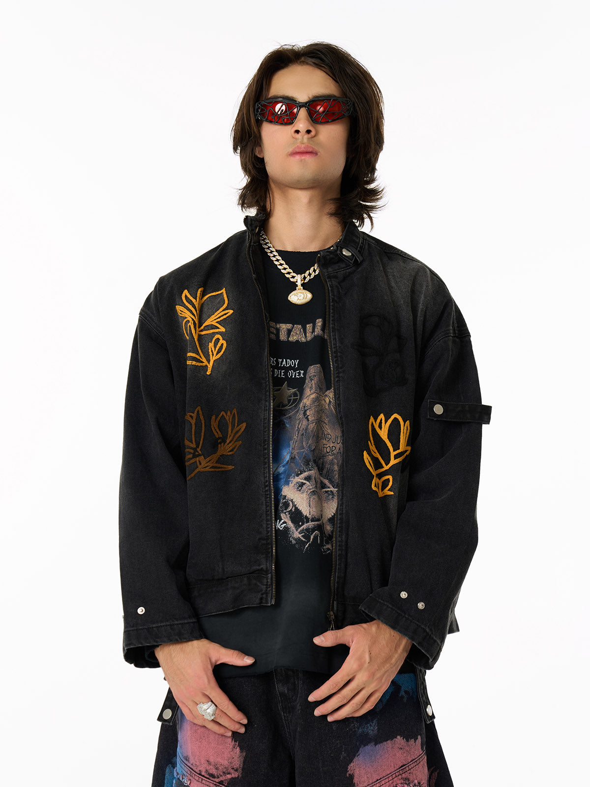 Retro Street Floral Embroidery Washed Zipper Denim Jacket