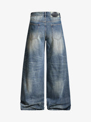 Vintage Washed Pleated Wide-Leg Jeans