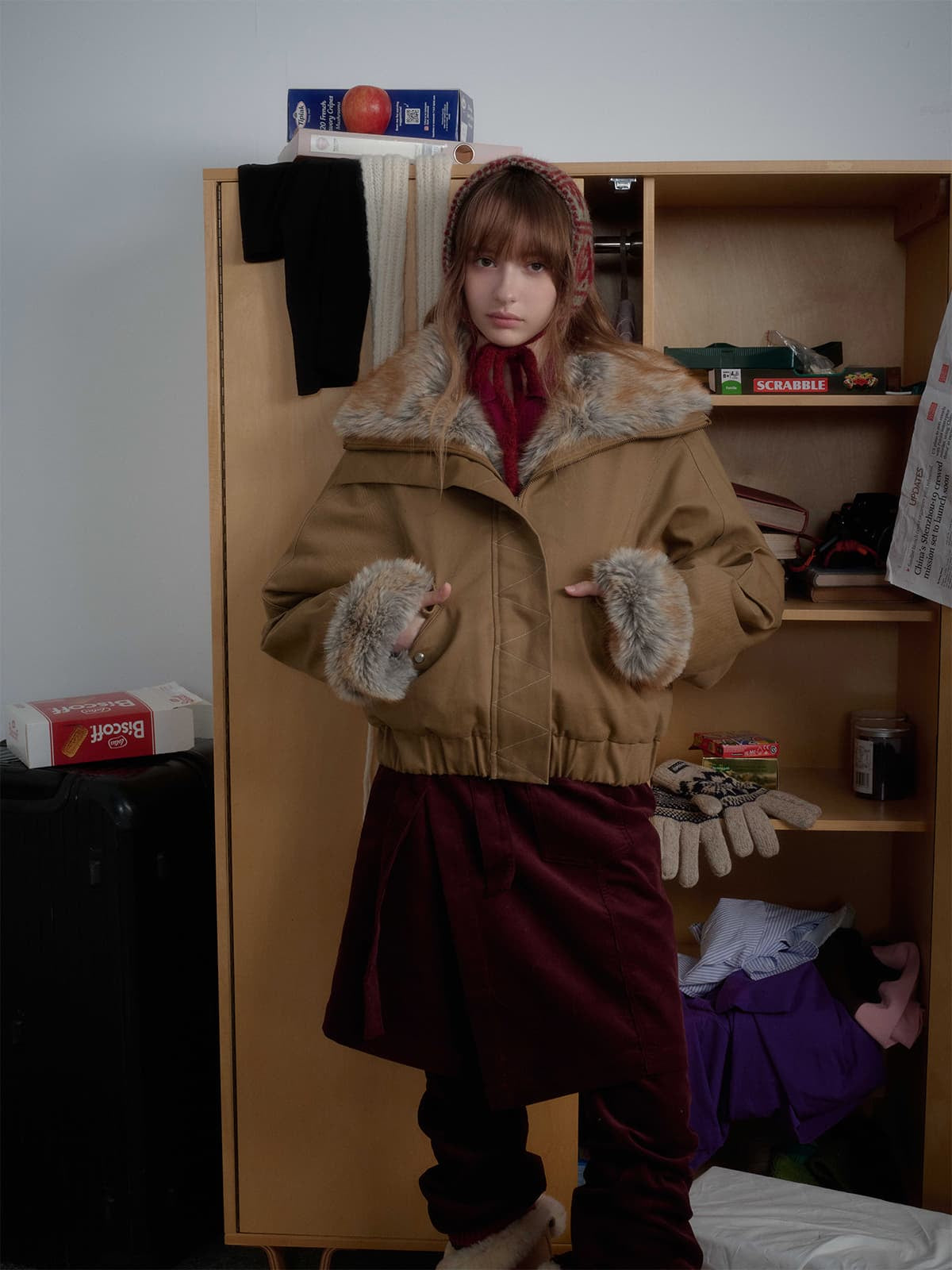 Retro Fur Collar Quilted Workwear Cotton Jacket