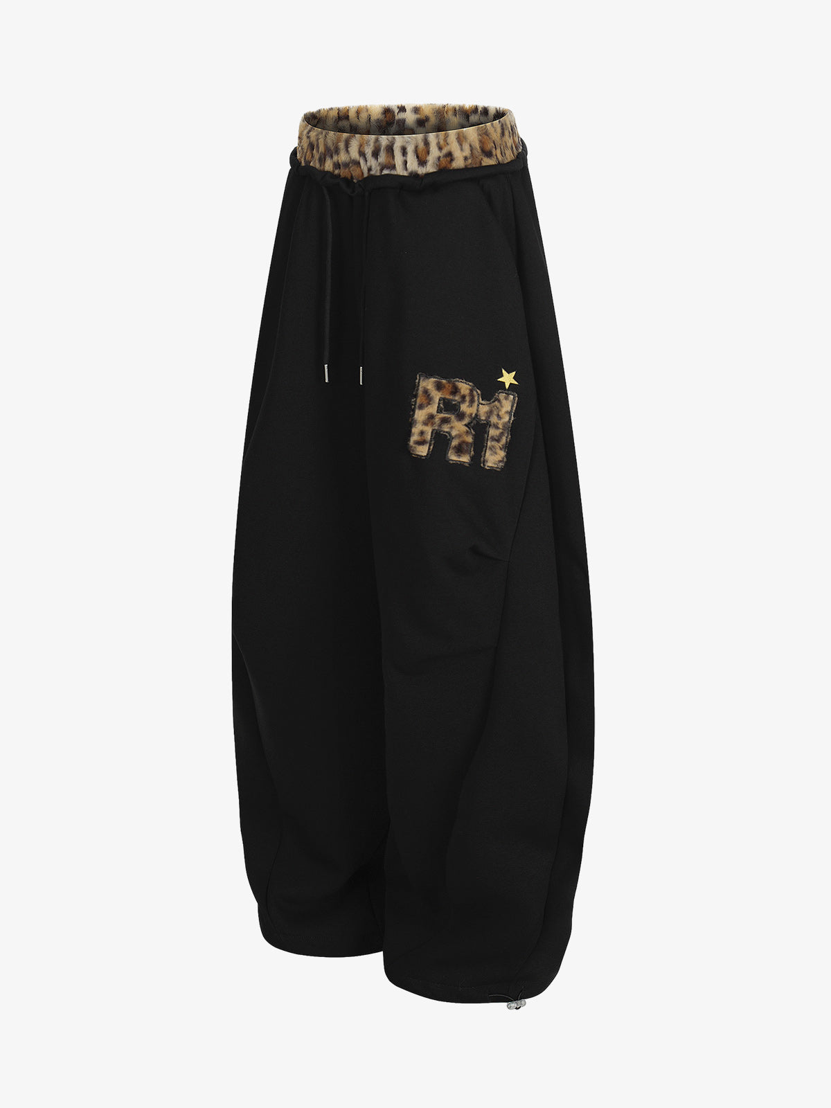 Retro Double-Waist Leopard Patch Barrel Pants