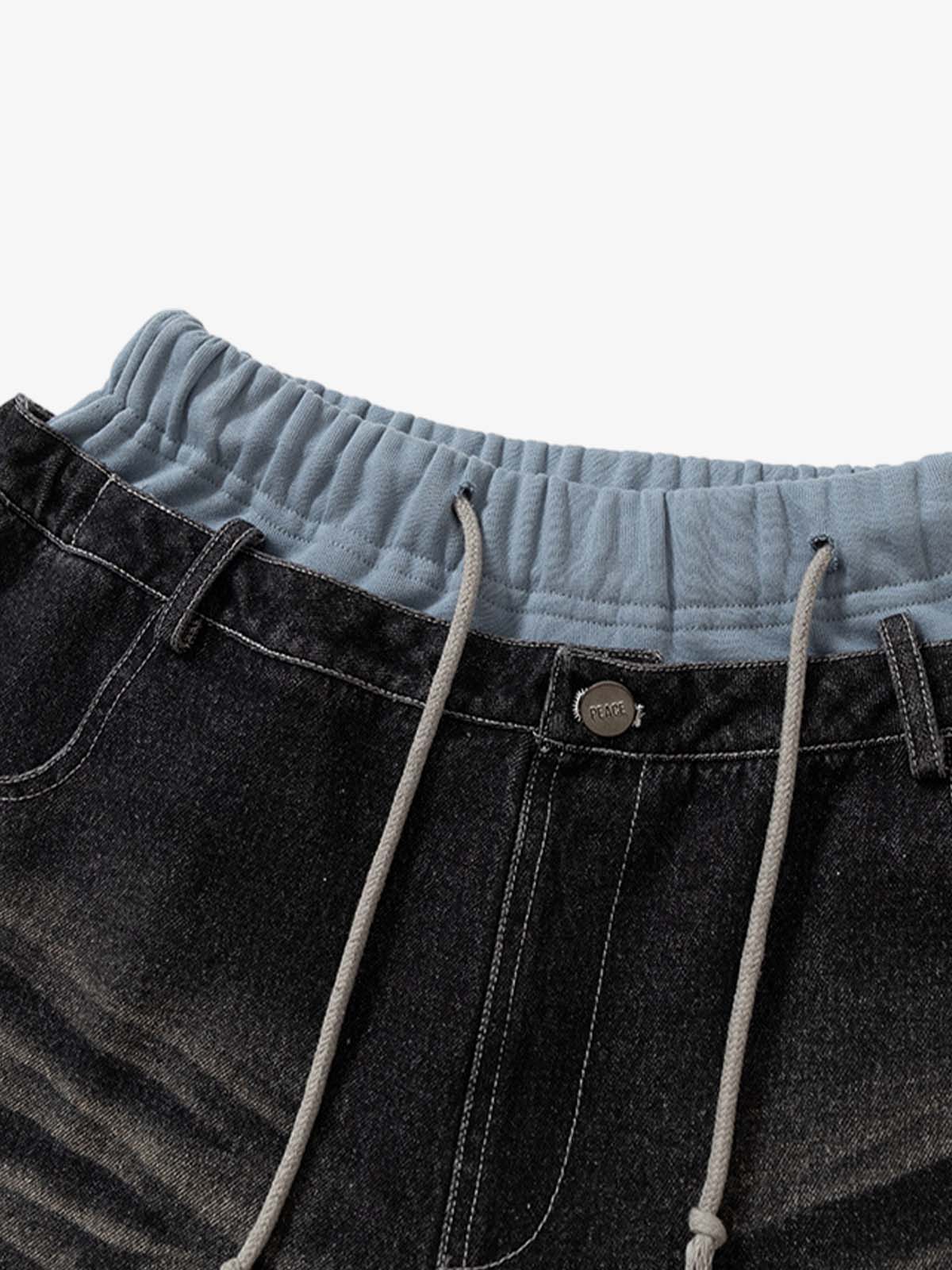 Double-Waistband Denim Patchwork Ripped Casual Pants
