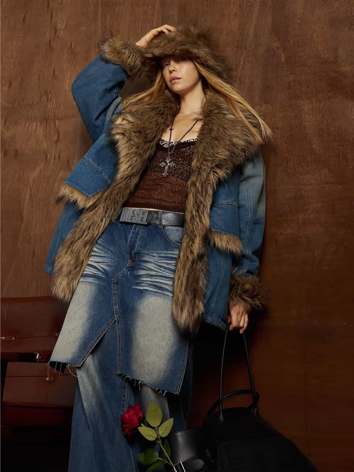 Street Retro Fur Patchwork Washed Denim Cotton Jacket