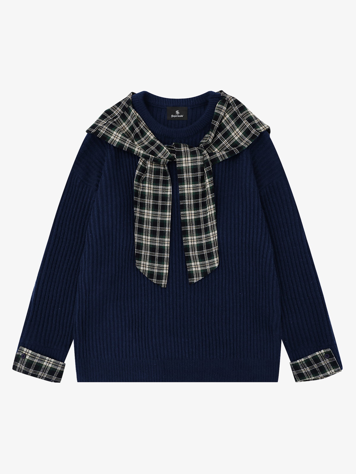 Plaid Scarf Patchwork Contrast Knit Sweater