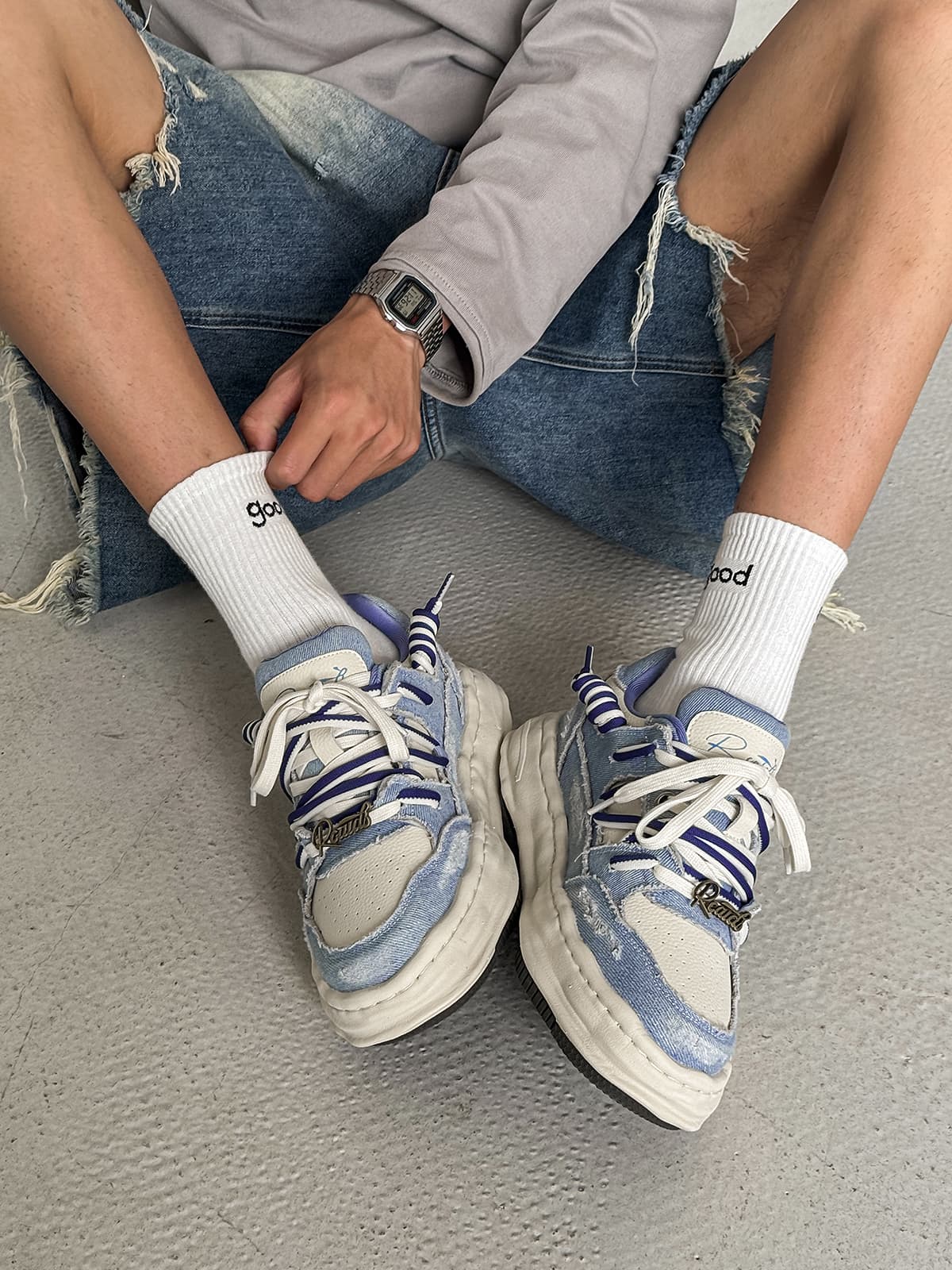 Retro Washed Denim Low Top Platform Sneakers
