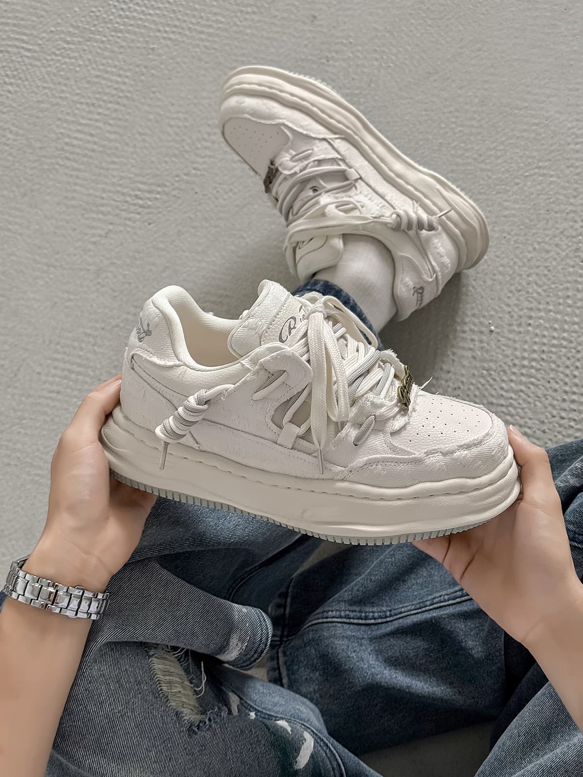 Retro Washed Denim Low Top Platform Sneakers