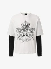 Patchwork Color Block Faux Two-Piece Long-Sleeved T-Shirt