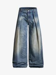 Vintage Washed Pleated Wide-Leg Jeans